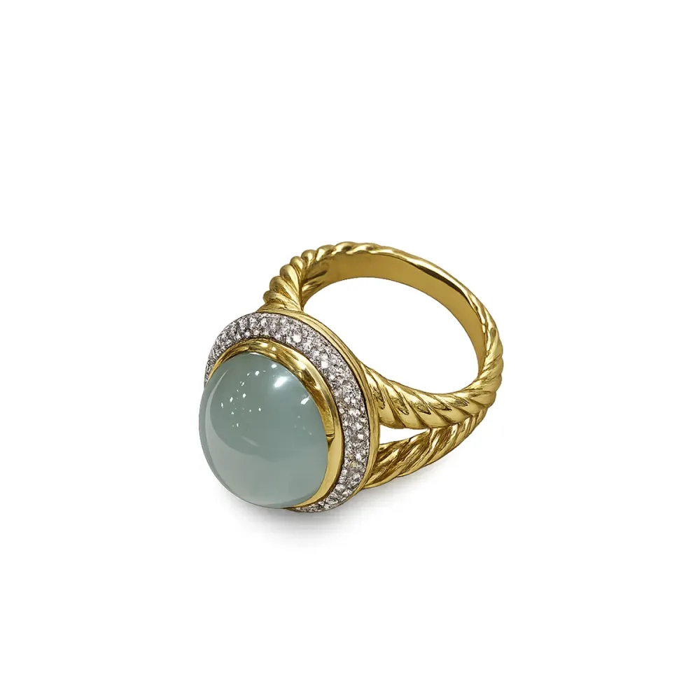 Albion Oval Ring In 18K With Chalcedony Aqua And Diamonds, Size 7