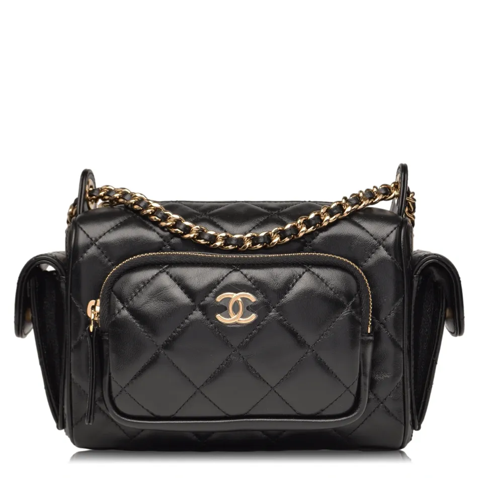 Shiny Crumpled Small lambskin and gold Black camera case bag