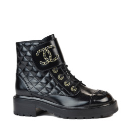 Shiny Goatskin Black Calfskin Lace Up Combat Boots 37