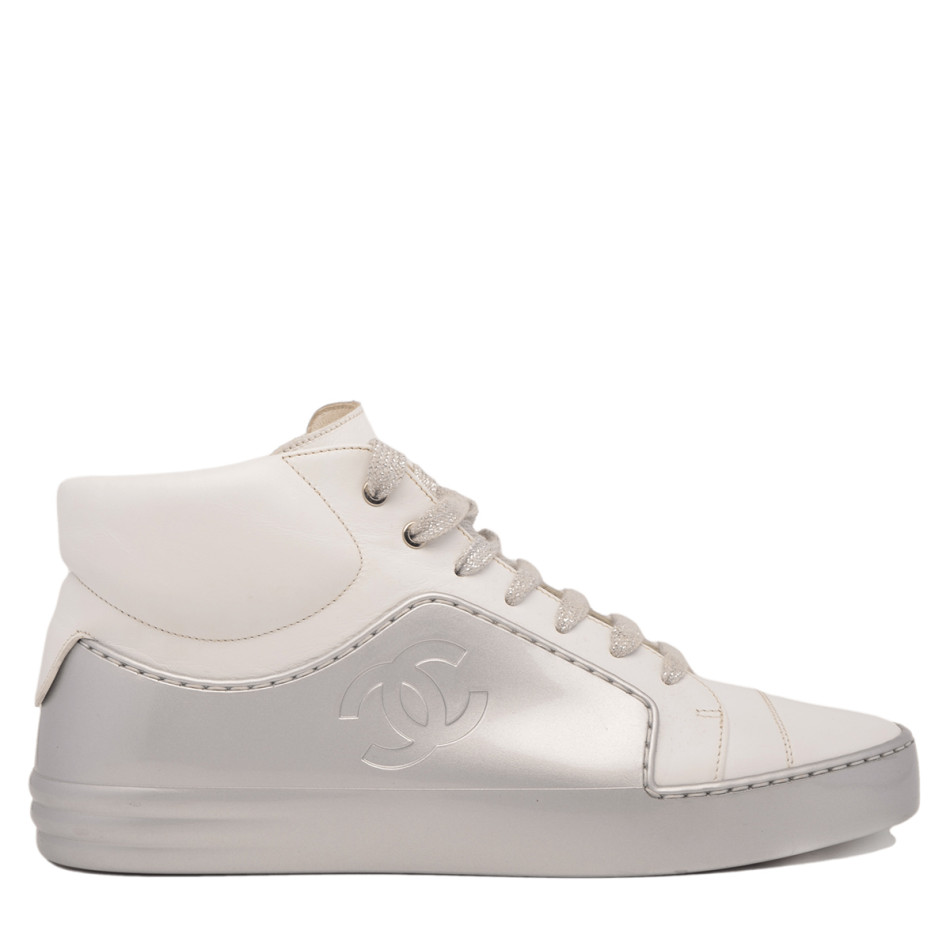 white silver leather and patent high top sneakers 38