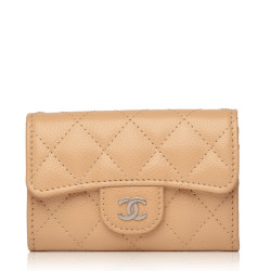 Caviar Quilted Beige Flap Card Holder