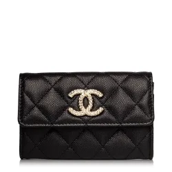 24k Caviar Quilted Black Flap Card Holder