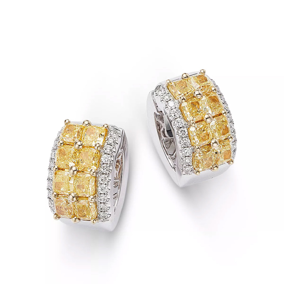 White & Yellow Diamond Huggie Hoop Earrings in 14K White and Yellow Gold, 4.30 ct. t.w.