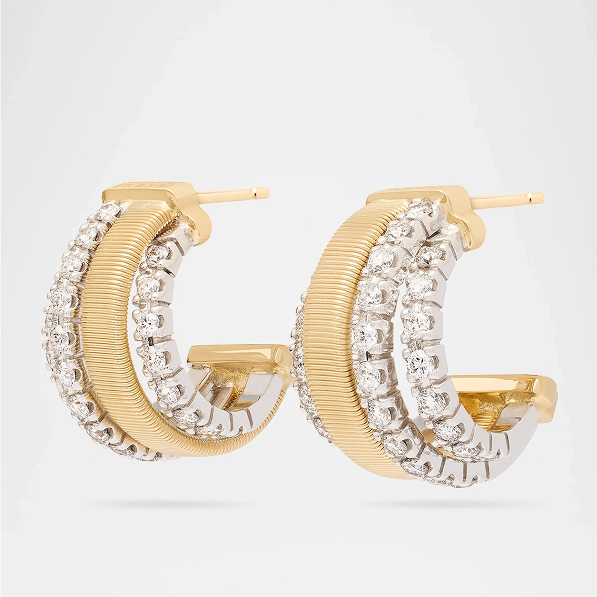 18K Yellow Gold Coil 3 Row Diamond Huggie Earrings — image 2