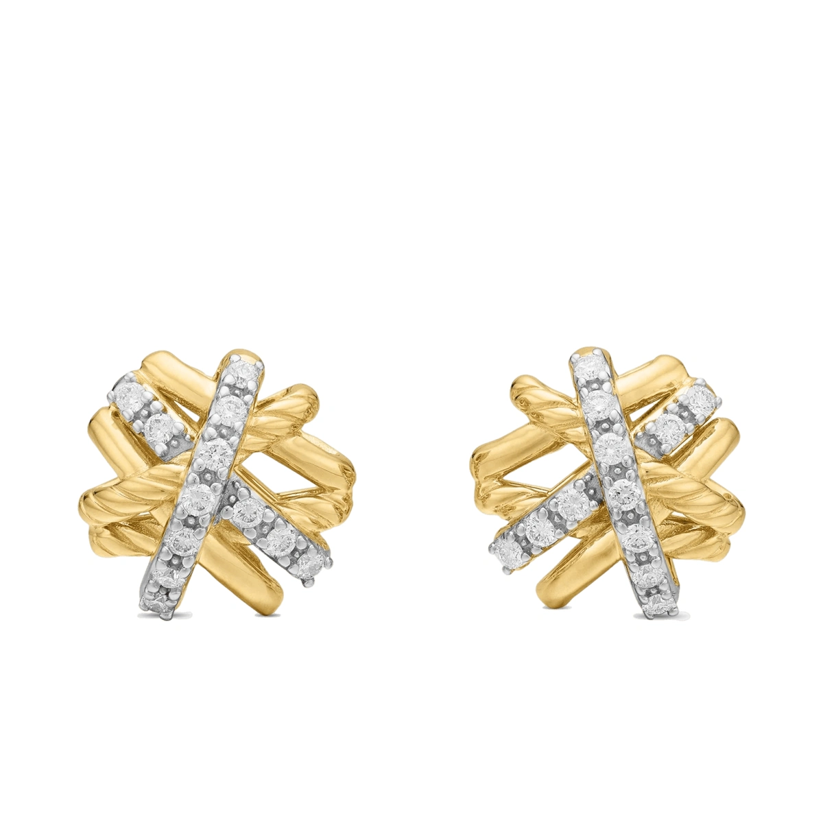 Crossover Stud Earrings In 18K Yellow Gold And Diamonds, 11mm