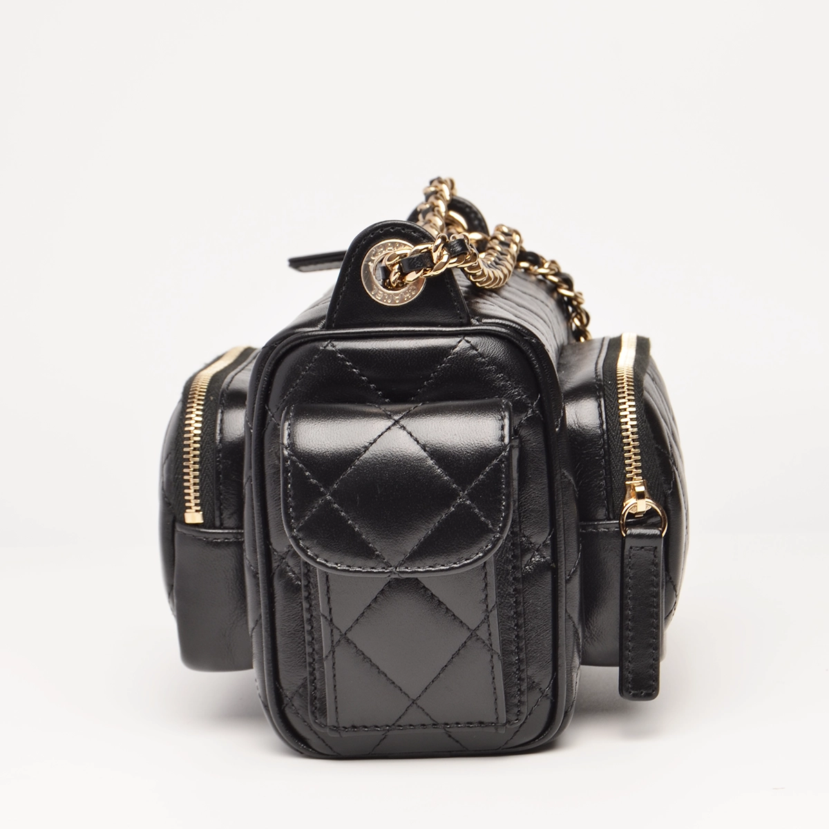 Shiny Crumpled Small Lambskin And Gold Black Camera Case Bag — image 10