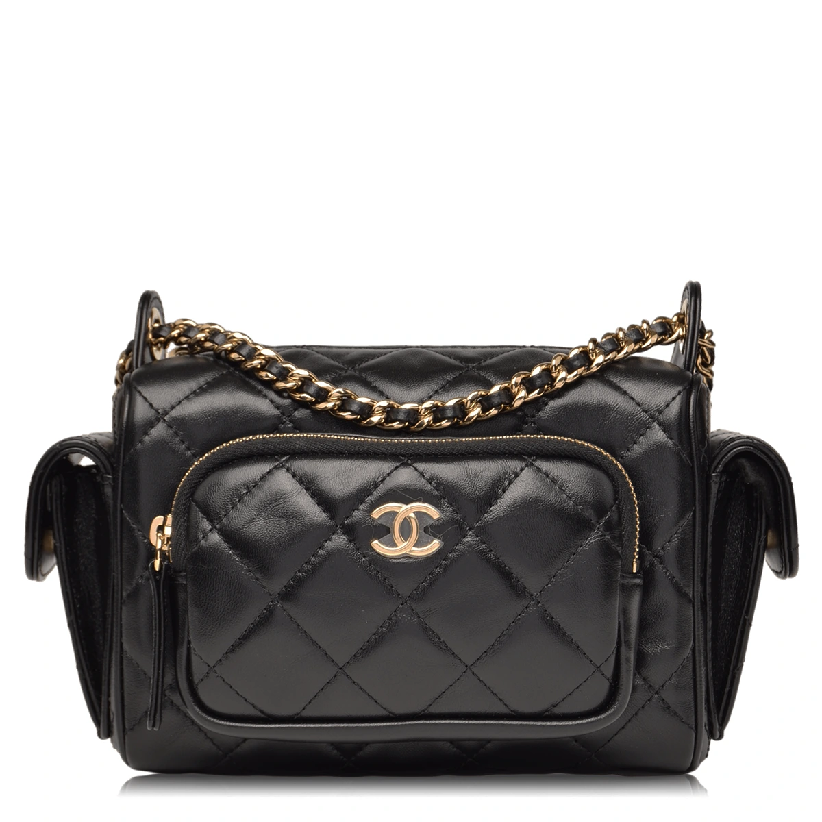 Shiny Crumpled Small Lambskin And Gold Black Camera Case Bag