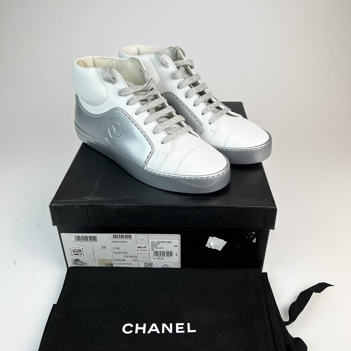 White Silver Leather And Patent High Top Sneakers 38 — image 9