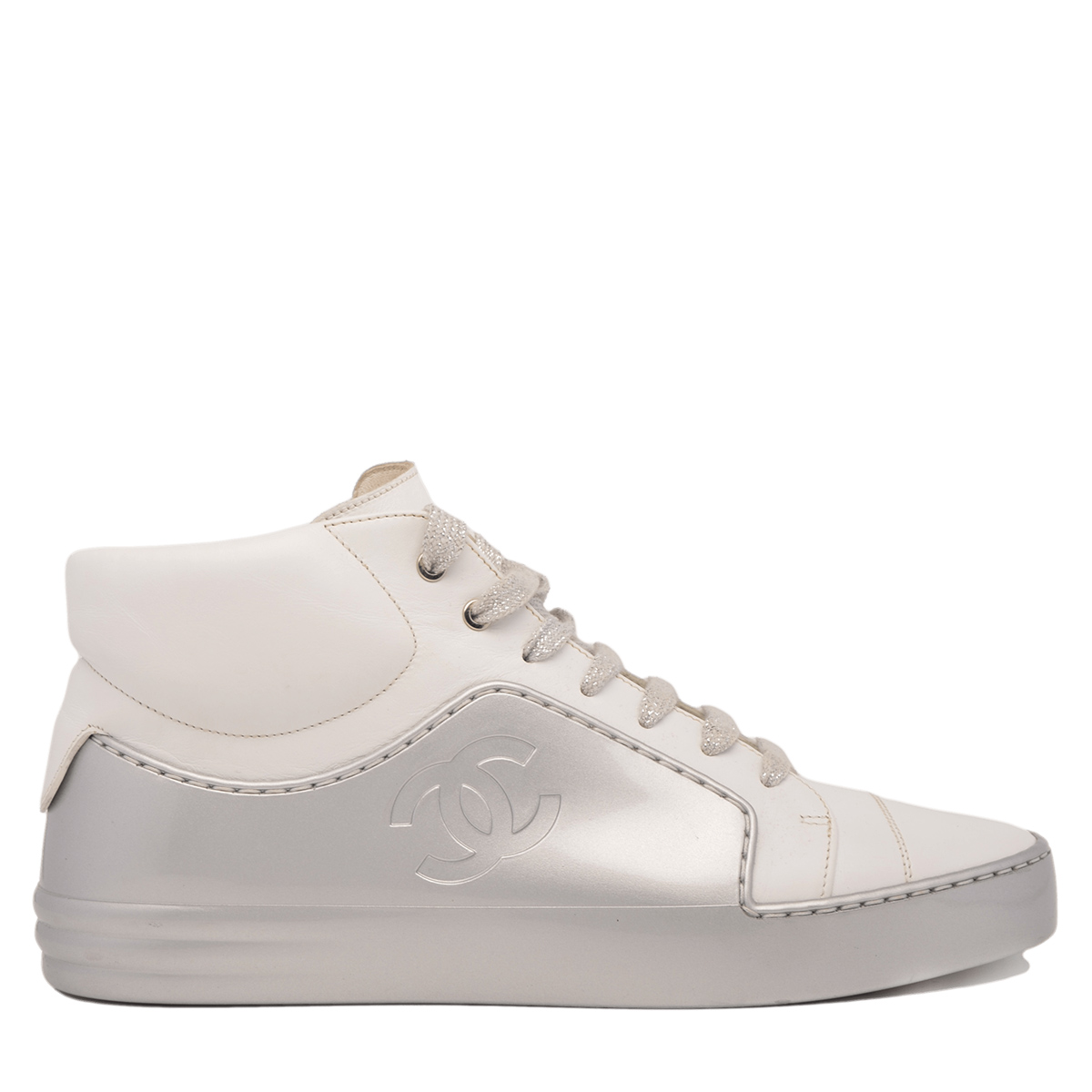 White Silver Leather And Patent High Top Sneakers 38