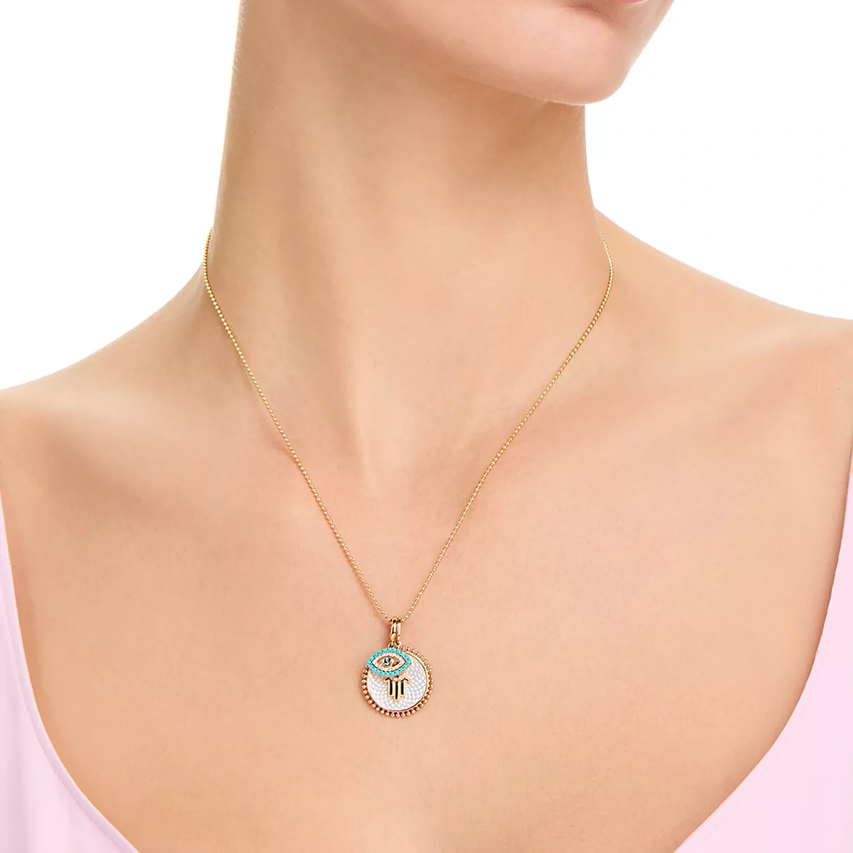 Multi Gemstone & Diamond Hamsa & Evil Eye Charm Pendant Necklace In 14K Yellow Gold, 16-18" — image 2