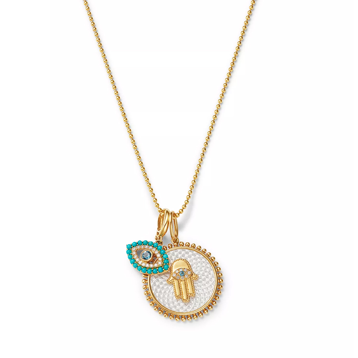 Multi Gemstone & Diamond Hamsa & Evil Eye Charm Pendant Necklace In 14K Yellow Gold, 16-18"